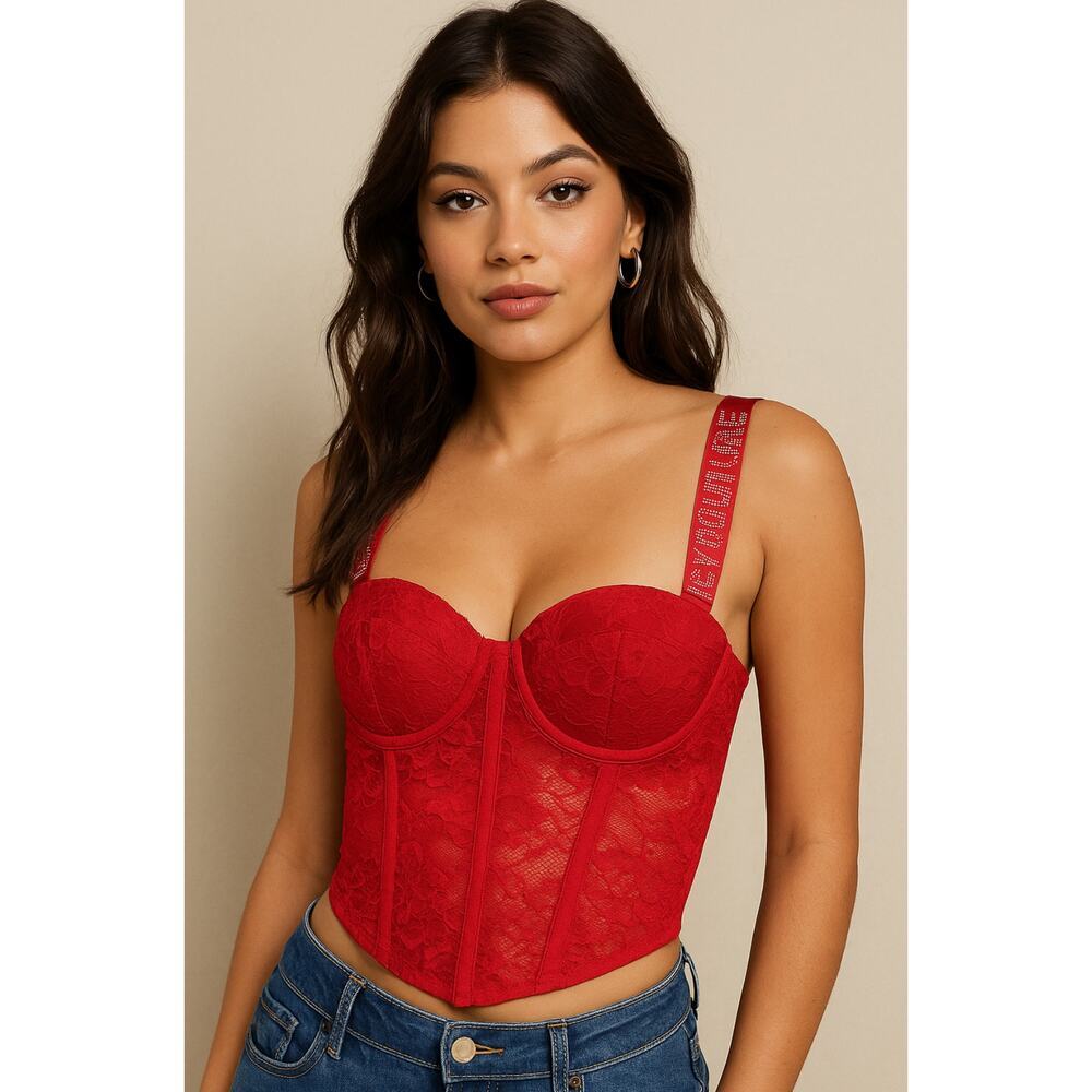 Juicy Couture Red Lace Corset Top 34B Rhinestone Logo Straps Y2K Bustier NEW